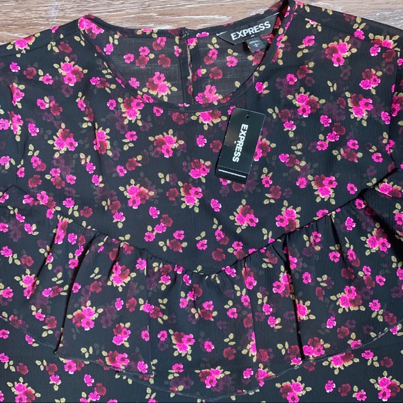 Express Sheer Black Top with Pink Flowers NWT - L - Picture 2 of 6